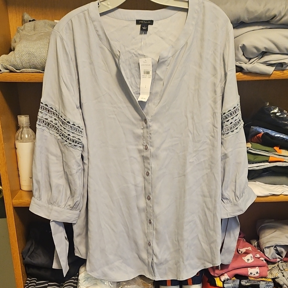 Ann Taylor Light Blue Blouse with Lace Detail